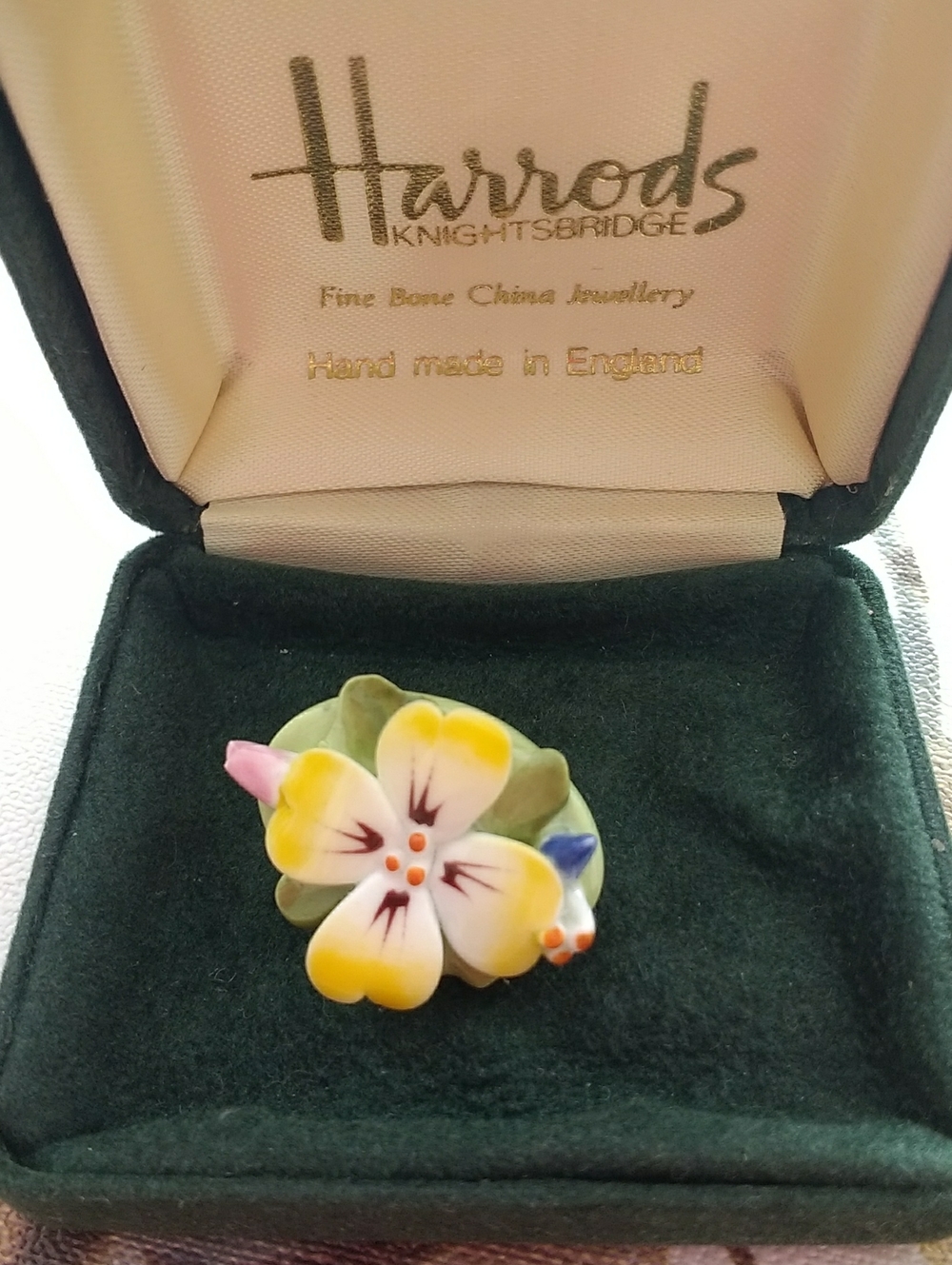 Vintage Harrods Yellow and White Floral Fine China Brooch